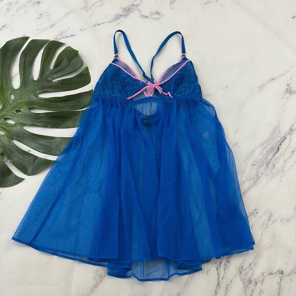 Victorias Secret Babydoll Negligee Top size M Blue Pink Lace Sheer Mesh - Picture 1 of 9